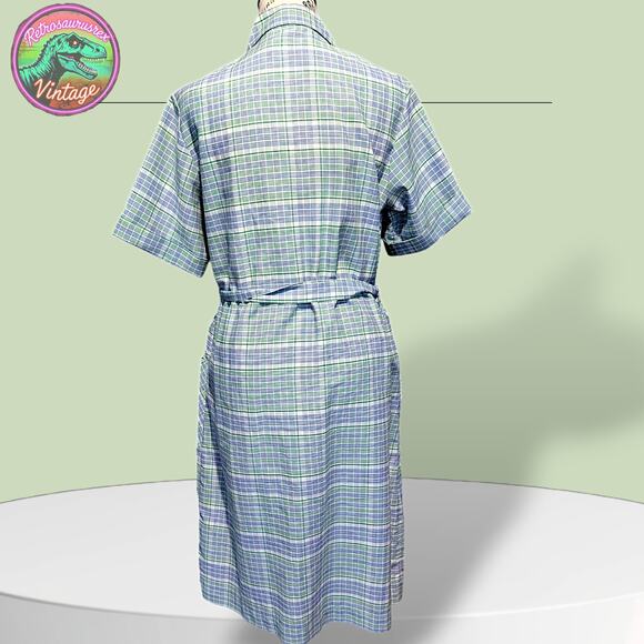 Vintage 1960 A-Line Rockabilly Green Blue Plaid Diner House Dress - Picture 3 of 8
